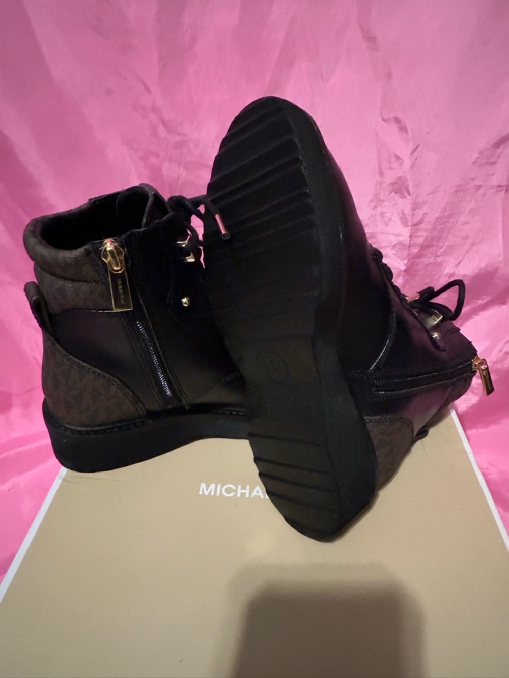 Michael Kors Black and Brown Lace-Up Quilted Ankle Boots